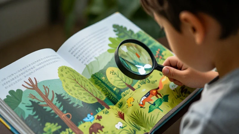 Niño curioso mira libro ilustrado con lupa