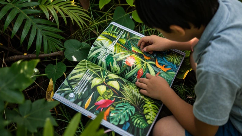Niño curioso y naturaleza vibrante en estética educativa