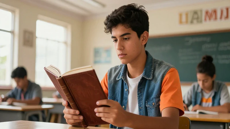 Joven estudiante mexicano con libro en aula moderna