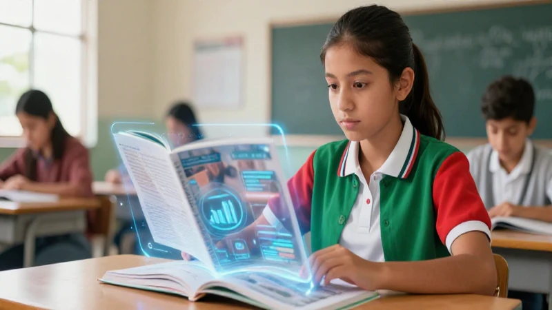 Potencia el aprendizaje con libros de tecnología en el plan de estudios de la SEP 4 Estudiante mexicano con libro holográfico en clase
