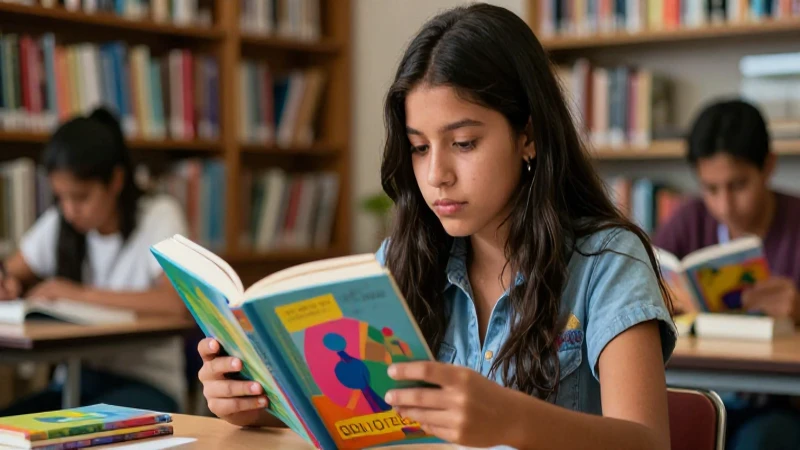 Joven estudiante mexicano lee vibrante libro colorido