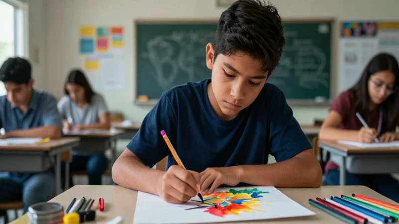 Transforma la educación artística con la Nueva Escuela Mexicana: evaluación y seguimiento eficientes 3 Joven artista mexicano pinta con foco intenso