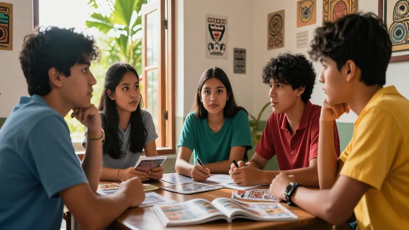 Estudiantes mexicanos en discusión bajo luz suave