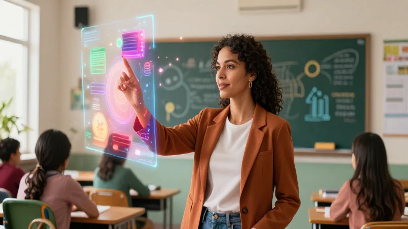 Potencia tu enseñanza con formación docente en tecnología 3 Maestra mexicana interactúa con tecnología holográfica avanzada