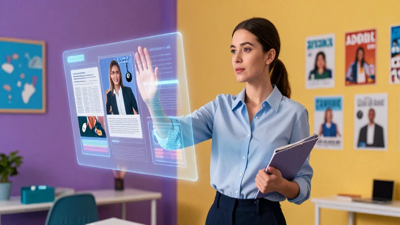 Potencia tu enseñanza con formación docente en tecnología 5 Maestra interactúa con interfaz holográfica en aula vibrante