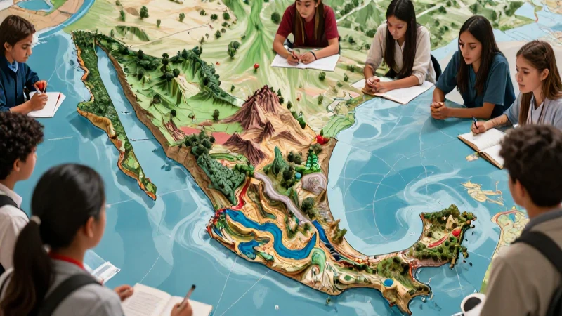 Conoce la importancia de la geografía: beneficios, usos e implicaciones 4 Estudiantes estudian un mapa educativo de México