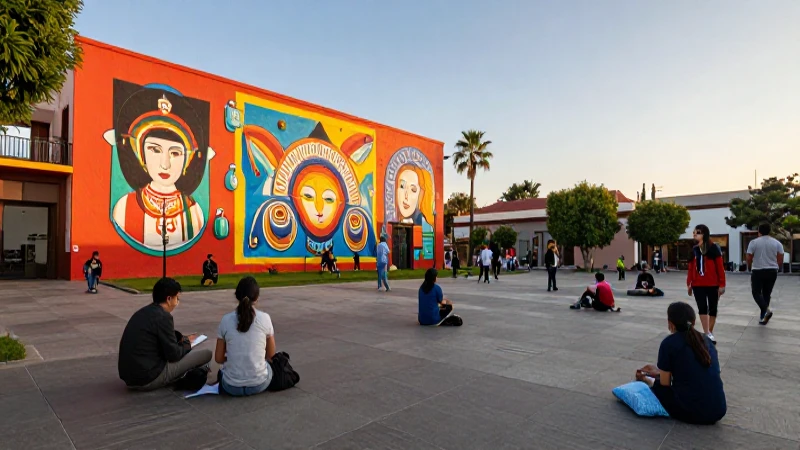 Plaza mexicana vibrante con arte y estudiantes