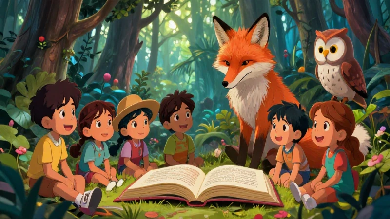 Niños escuchando magia en bosque vibrante