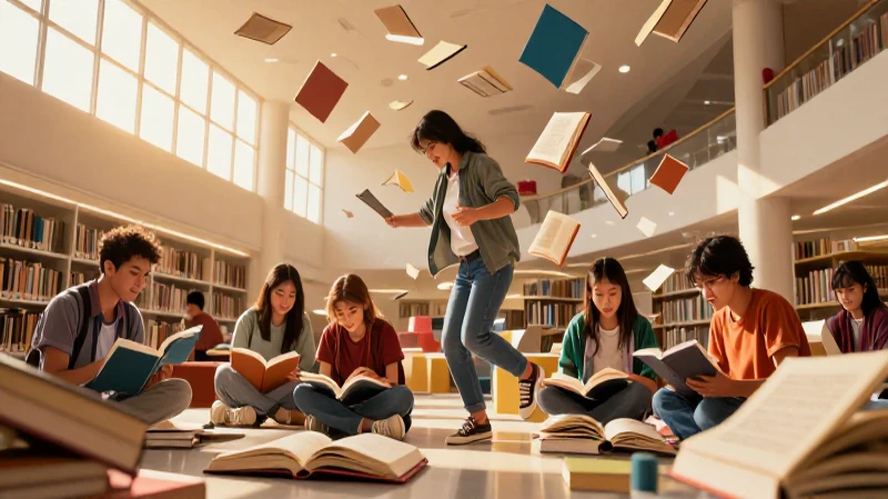 Estudiantes mexicanos en biblioteca, luz dorada cinematográfica