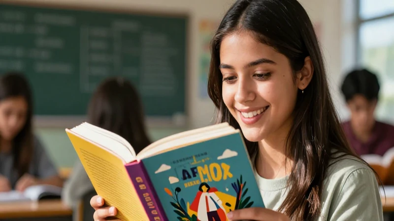 Estudiante mexicano sonriendo con libro moderno