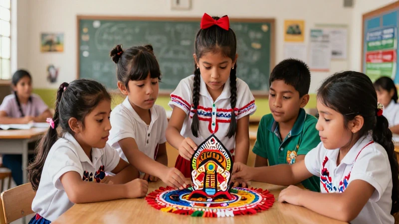 Niños mexicanos aprendiendo artesanía con estilo vibrante