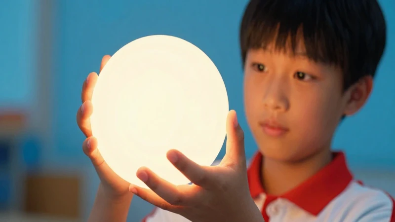 Estudiante con esfera brillante, estilo revista premium
