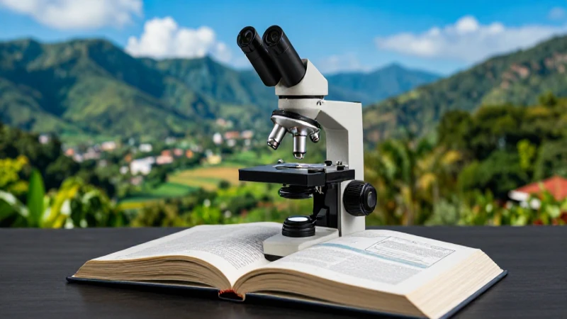Libro de biología con microscopio en paisaje vibrante