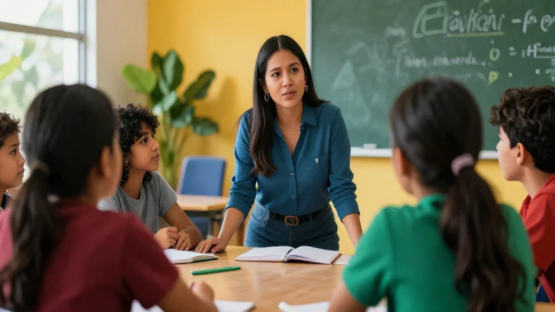 Análisis crítico de la Nueva Escuela Mexicana: Perspectivas docentes y estudiantiles 5 Maestra mexicana interactúa con diversidad en un entorno vibrante