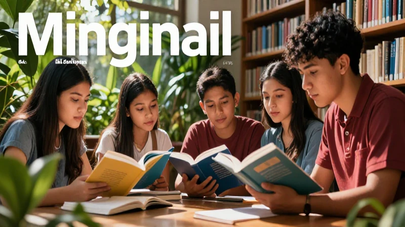 Estudiantes mexicanos leen libros en biblioteca vibrante