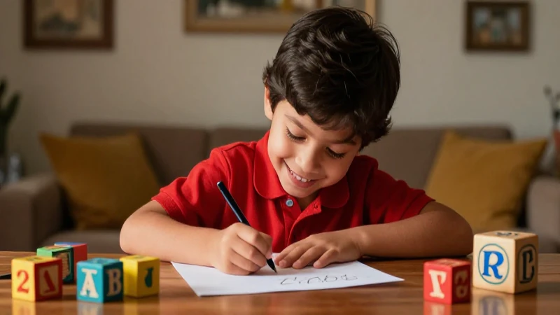 Niña mexicana feliz escribiendo en casa