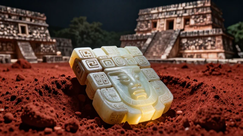 Jade antiguo destaca ante ruinas mesoamericanas
