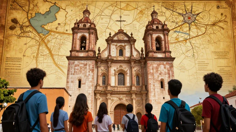 Estudiantes contemplan iglesia colonial con mapa