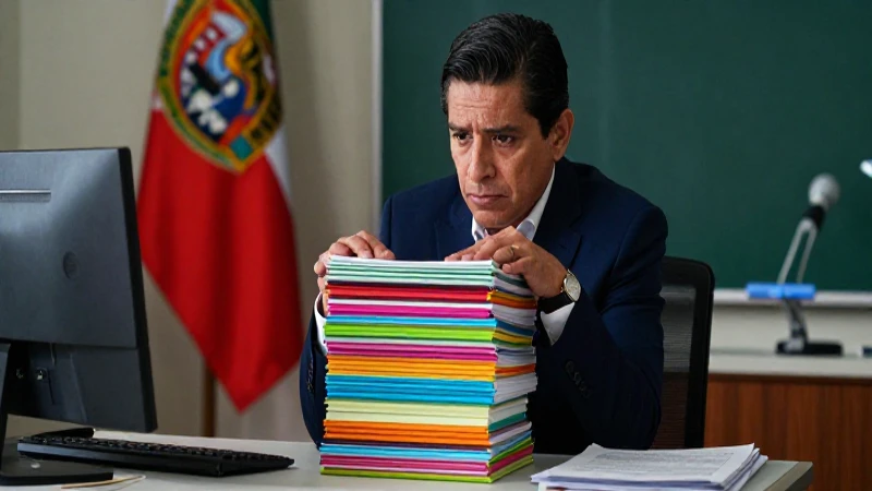 Maestra mexicana con documentos, luz dramática y enfoque nítido