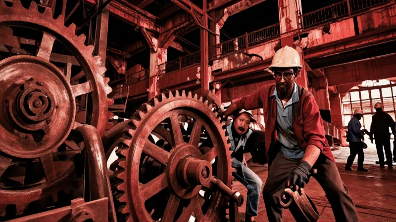 Obreros industrial en fábricas antiguas, dramatismo y contraste