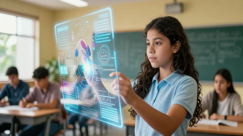 Potencia el aprendizaje con tecnolog铆a en la Nueva Escuela Mexicana 3 Estudiante mexicano interact煤a con interfaz hologr谩fica educativa