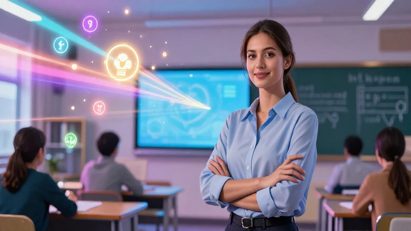 Conoce las 10 competencias clave del docente para el éxito educativo 6 Profesora moderna en clase vibrante y creativa