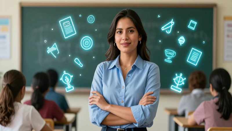 Conoce las 10 competencias clave del docente para el éxito educativo 4 Maestra mexicana confiante rodeada de símbolos del conocimiento