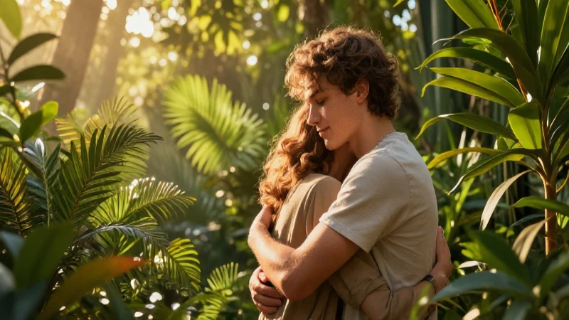 Sereno joven abrazando la naturaleza con luz dorada