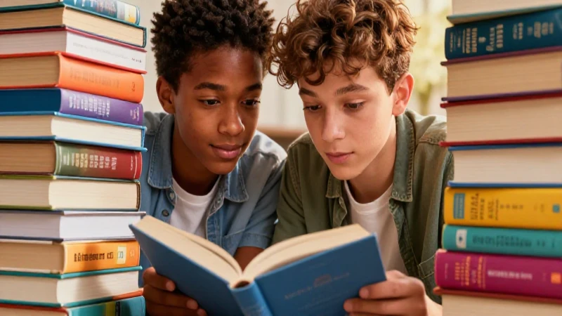 Joven lector inmersos en libros modernos con luz dorada
