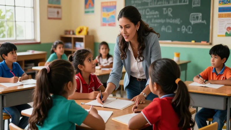 Maestra en aula mexicana vibrante