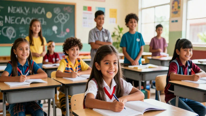 Niños diversos en moderno aula mexicana vibrante