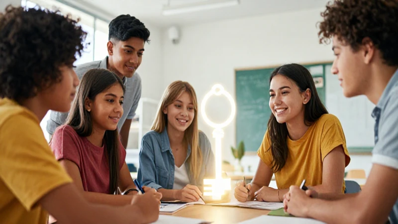 Estudiantes colaborando en ambiente vibrante y educativo