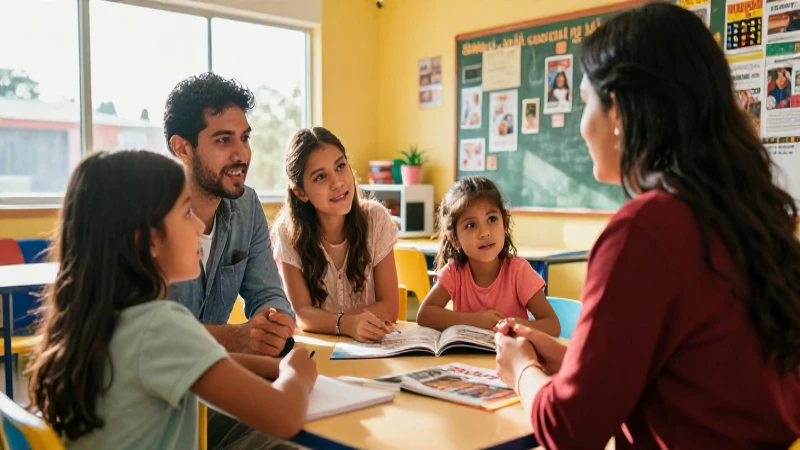 Familia mexicana aprendiendo en aula moderna