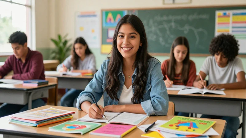Estudiante sonriente y materiales en clase