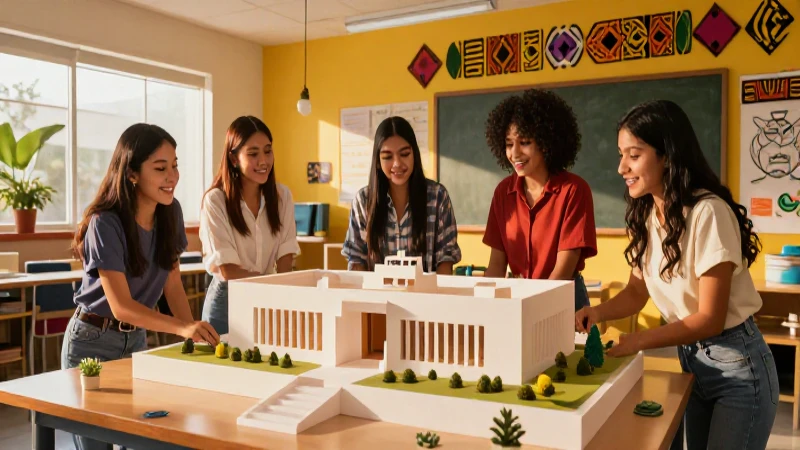 Explora la Nueva Escuela Mexicana en Arte y Arquitectura 3 Estudiantes interactúan con modelo arquitectónico en luz dorada