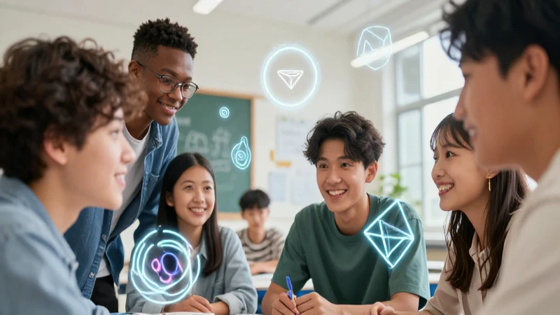 Estudiantes colaboran en una clase moderna con ideas vibrantes