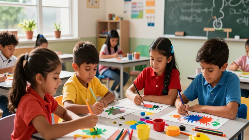 Niños mexicanos pintan alegre arte en aula moderna