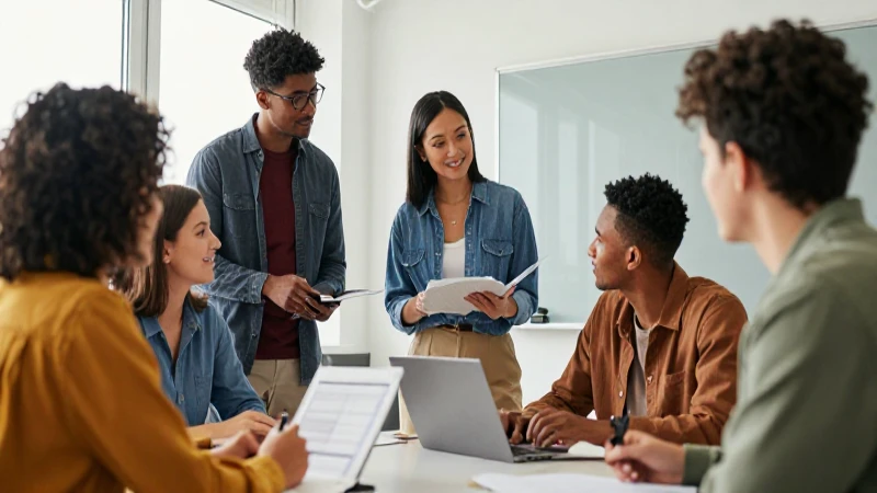 Profesores colaboran en clase moderna y dinámica