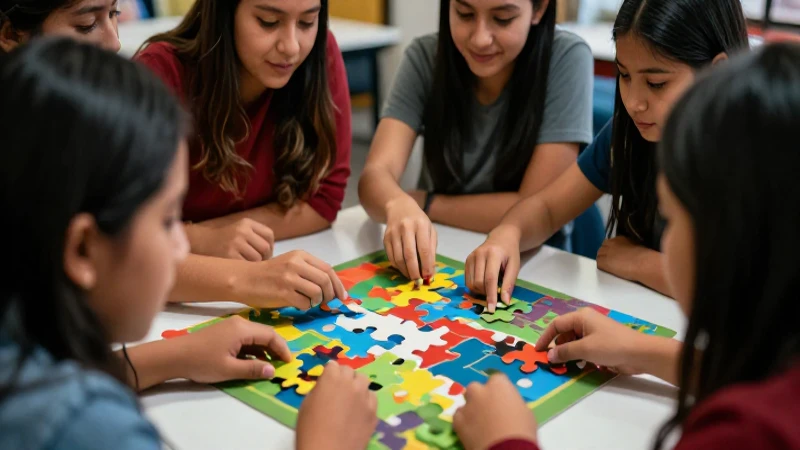 Estudiantes mexicanos colaborando resuelven un rompecabezas educativo