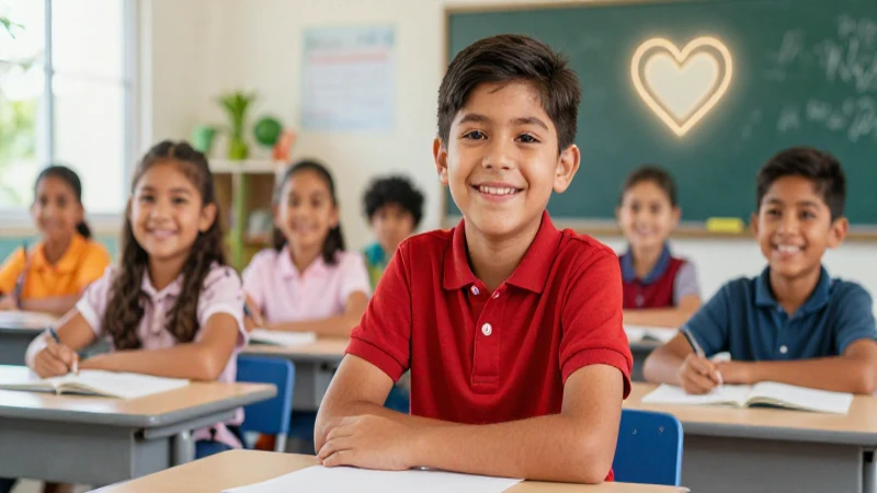 Niños mexicanos felices, corazón, aula brillante