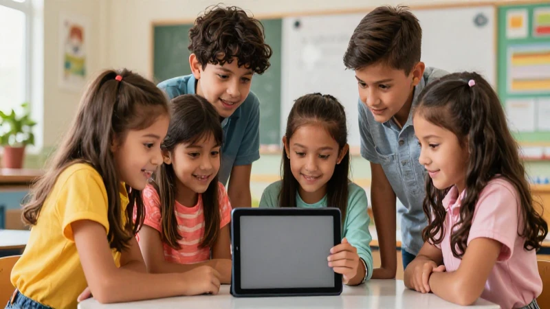 Niños mexicanos colaboran con tablet en aula vibrante
