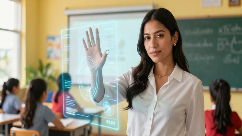 Maestra mexicana interactúa con holograma en aula moderna
