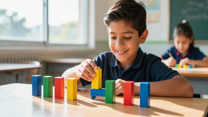 Joven estudiante aprende con bloques coloridos