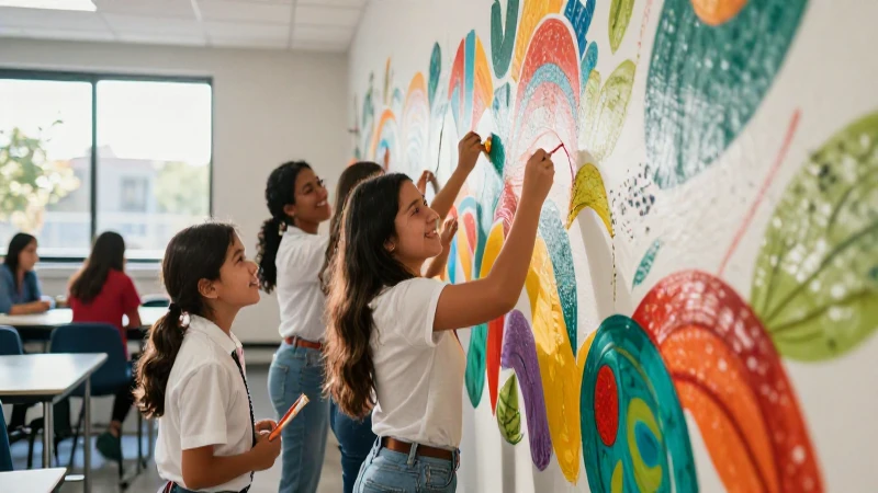 Estudiantes mexicanos pintando murales alegres