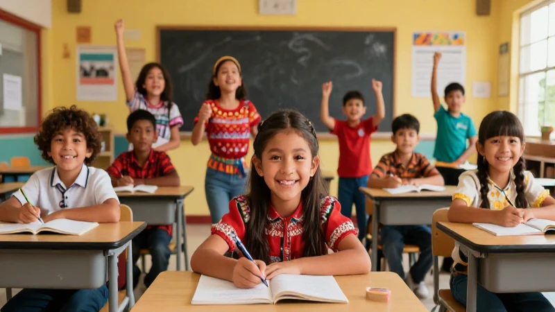 Nueva escuela mexicana: claves del enfoque educativo actual 5 Estudiantes mexicanos felices en un aula vibrante y realista