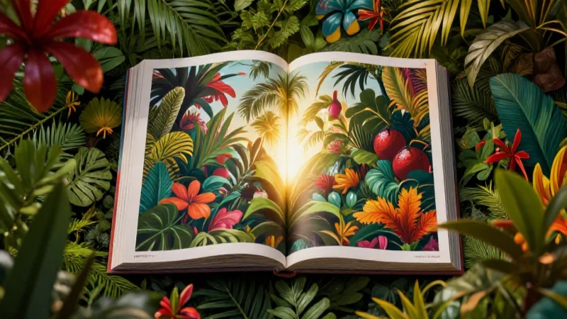 Lindo libro abierto en entorno tropical vibrante
