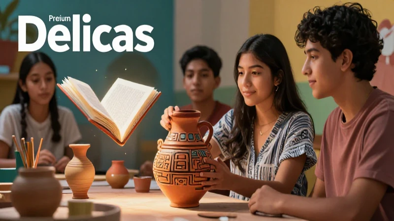 Estudiante mexicano estudia cerámica maya con libro brillante