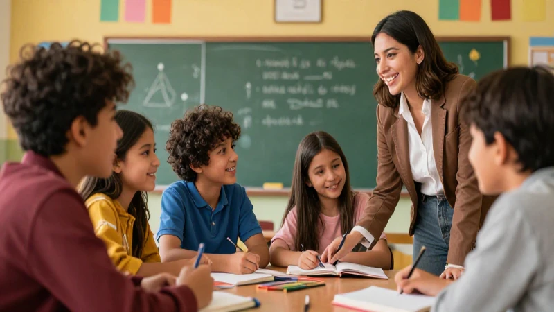 Estudiantes felices y maestros colaboran en aula moderna