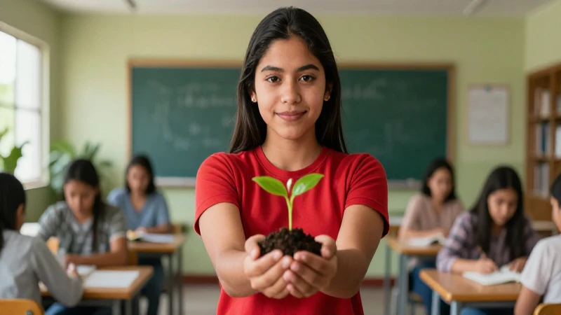 Estudiante mexicano sonriente planta brote verde