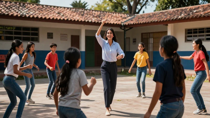 Educadora innovadora liderando movimiento creativo
